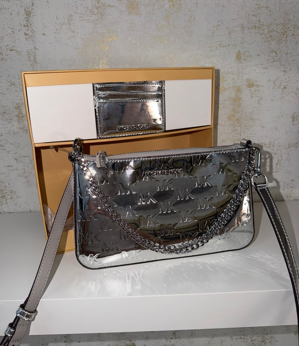 Set Bolso bandolera Michael Kors plateado metalizado + tarjetero
