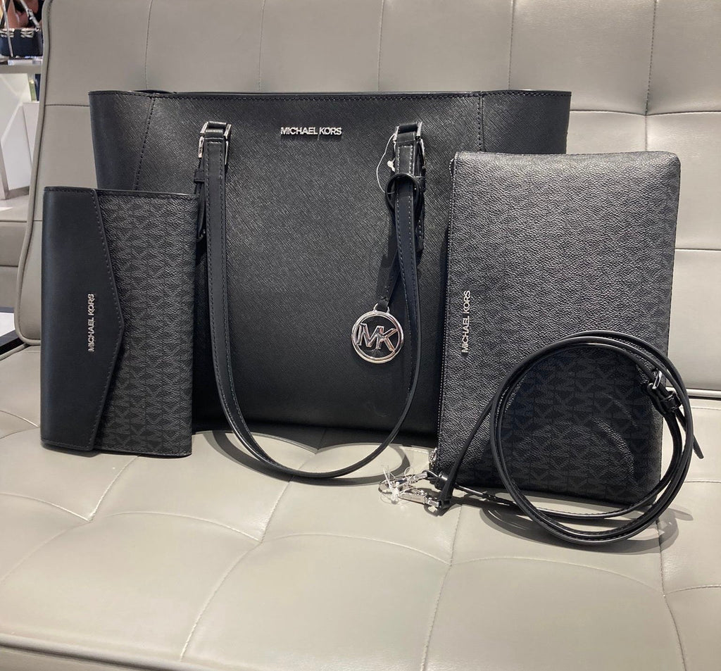 Michael Kors Charlotte Large Tote color negro con plateado ( set 3 piezas)