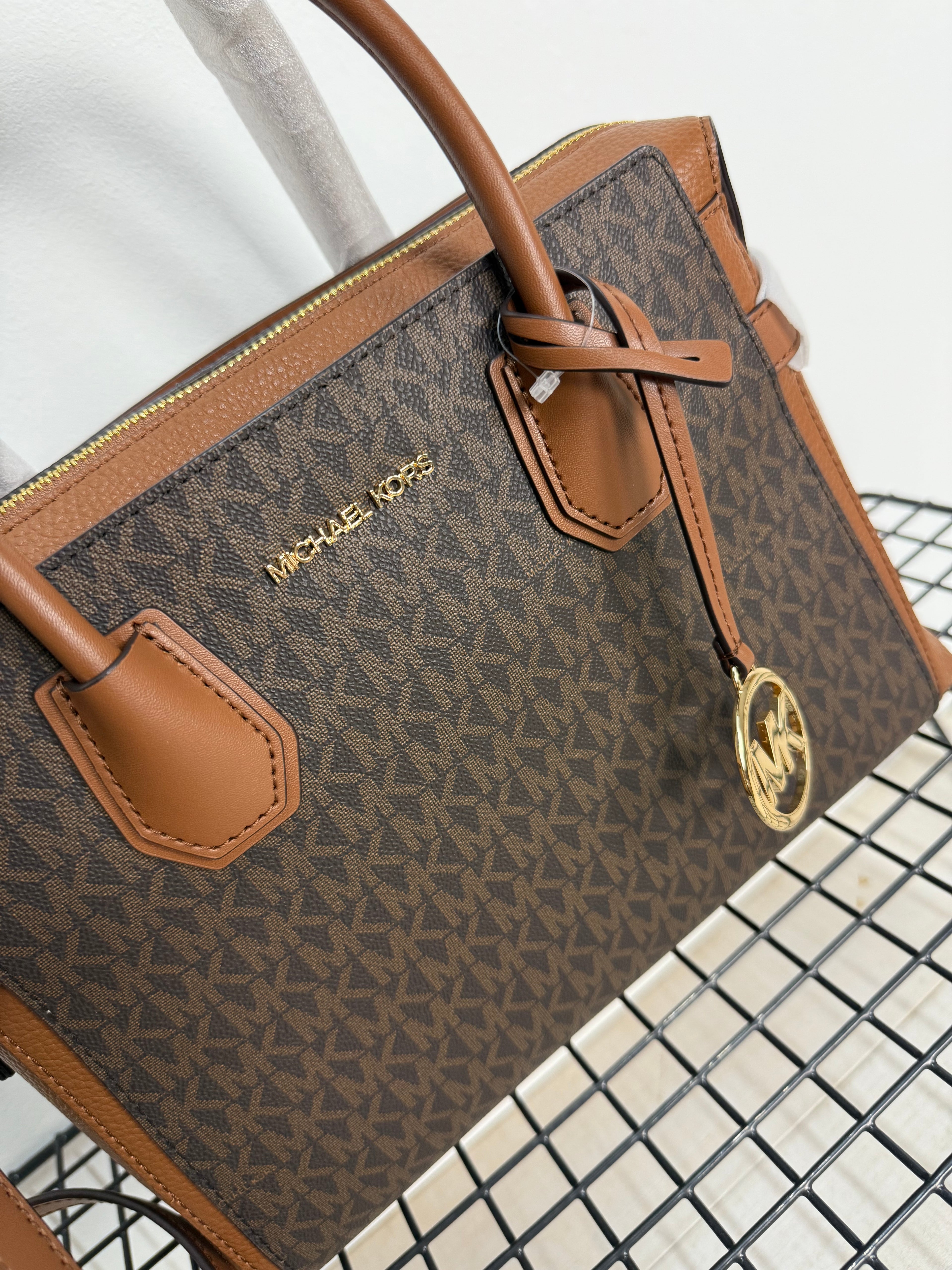 Michael Kors Mercer Medium Signature Logo and Leather Belted Satchel