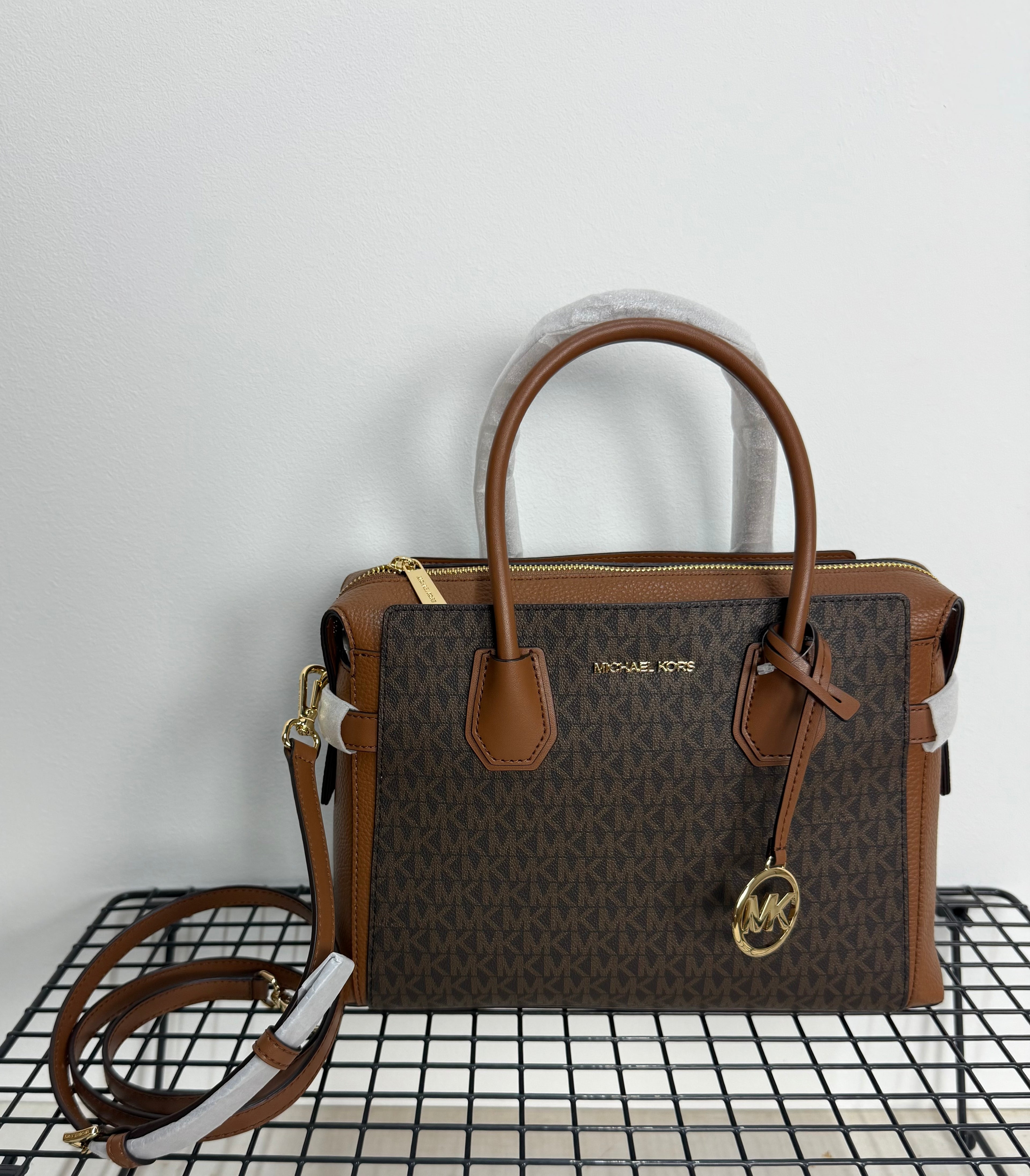 Michael Kors Mercer Medium Signature Logo and Leather Belted Satchel