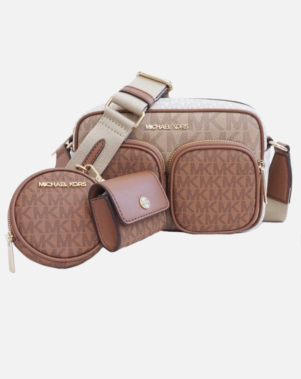 Michael Kors – Jet Set Item Crossbody marrón/vainilla (bandolera bolsillos)